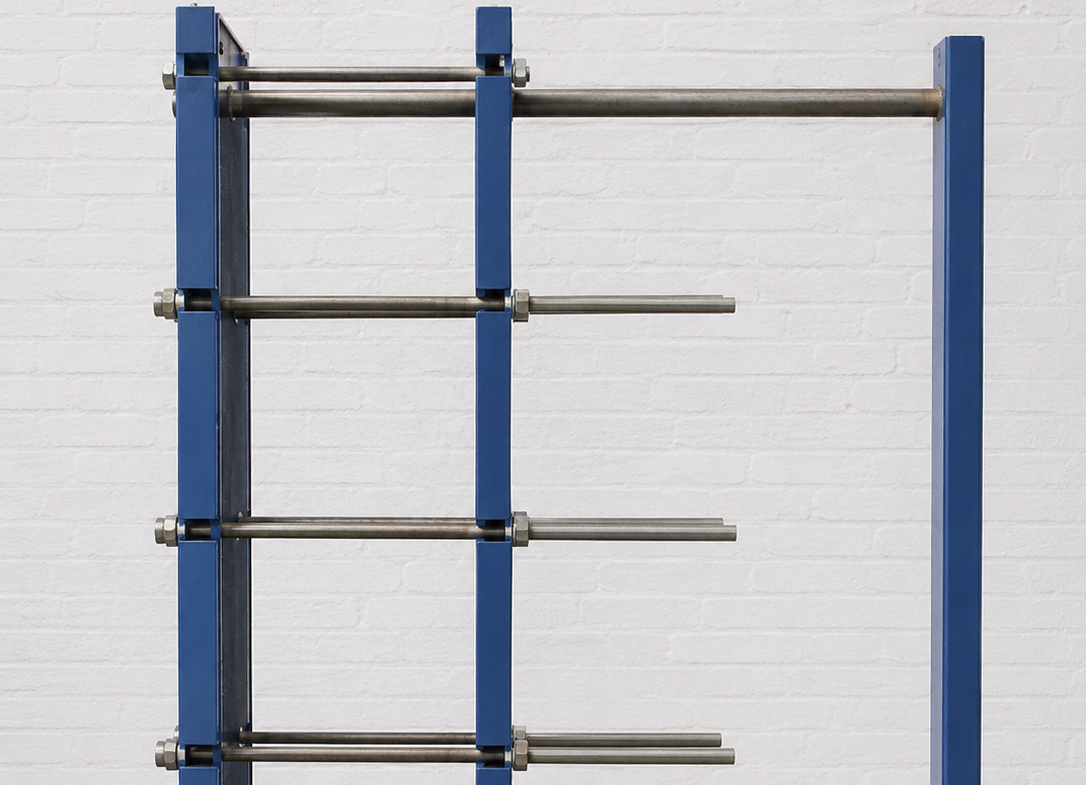 Heat exchanger frame, tie bolts and guide rail hardware